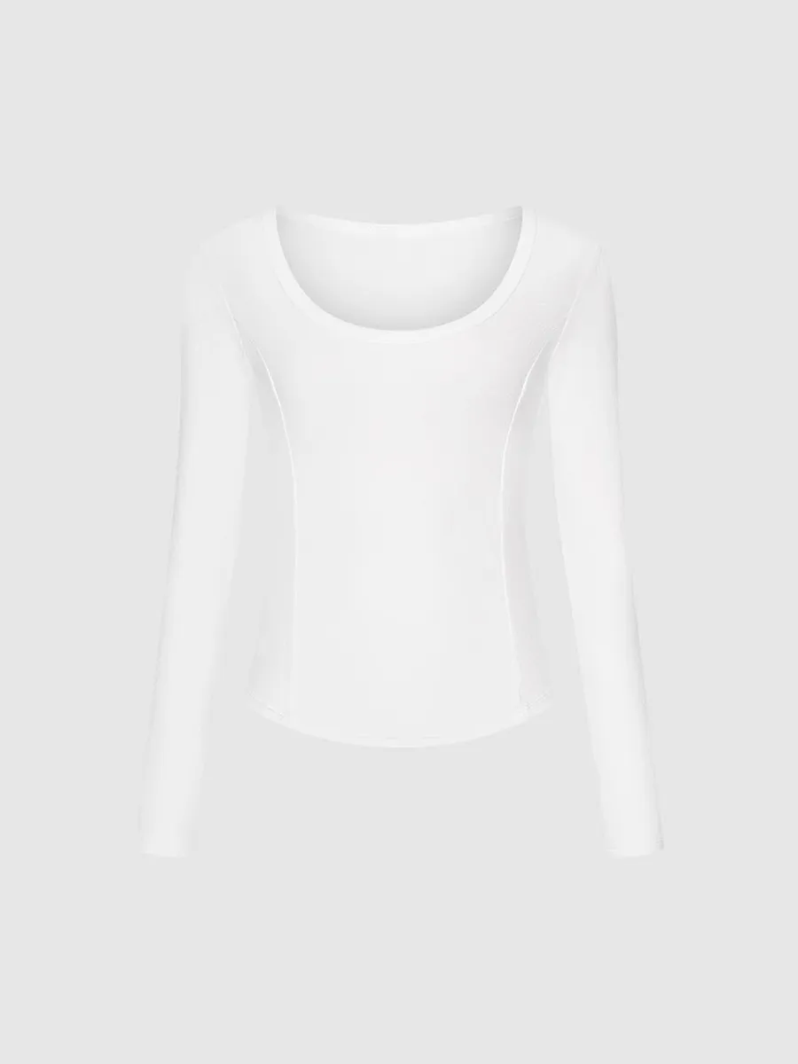 Lady's White Split Round-Neck Casual Style Fitted Long-Sleeved T-Shirt