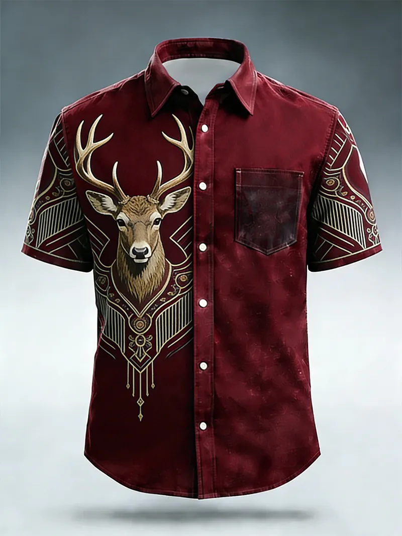 Men's Western Deer Head Art Deco Print Short Sleeve Shirt