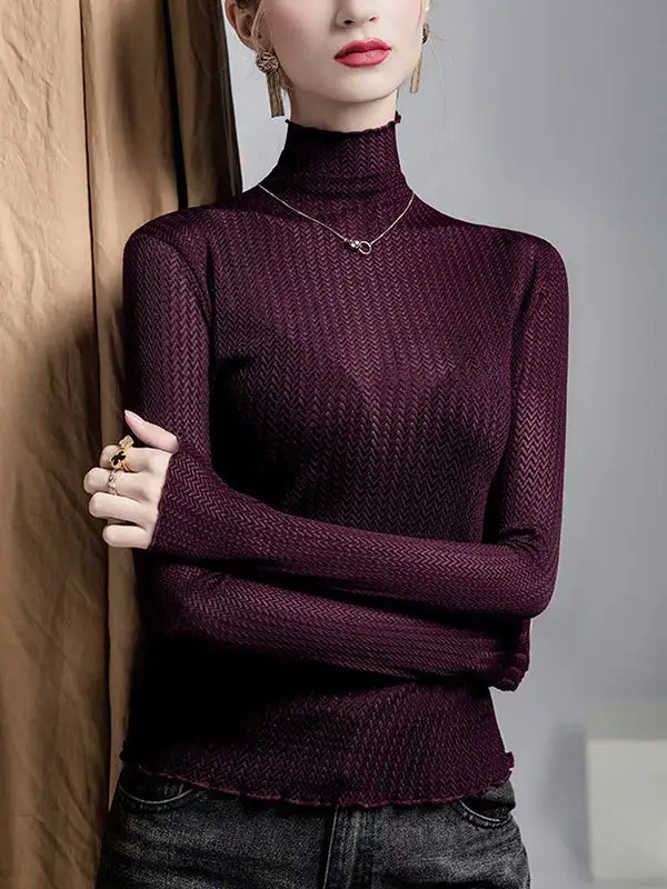 Long Sleeve Curve Fit Mesh Sheer Slightly Sheer Panel Detail High Neck T-Shirt