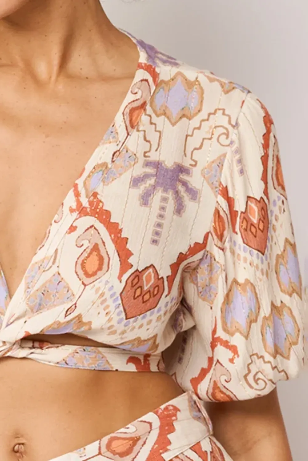 Peach Toned Paisley Print Wrap Crop Top