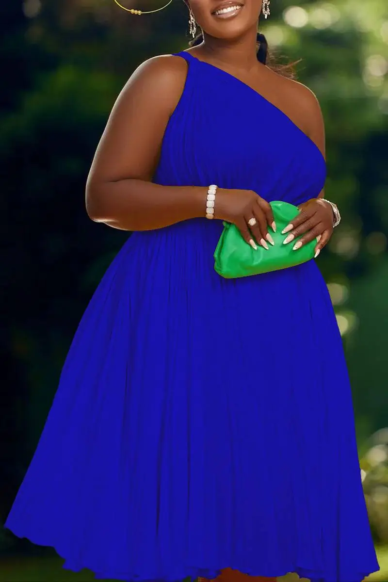 Plus Size Royal Blue Daily One Shoulder Pleated Babydoll Mini Dresses
