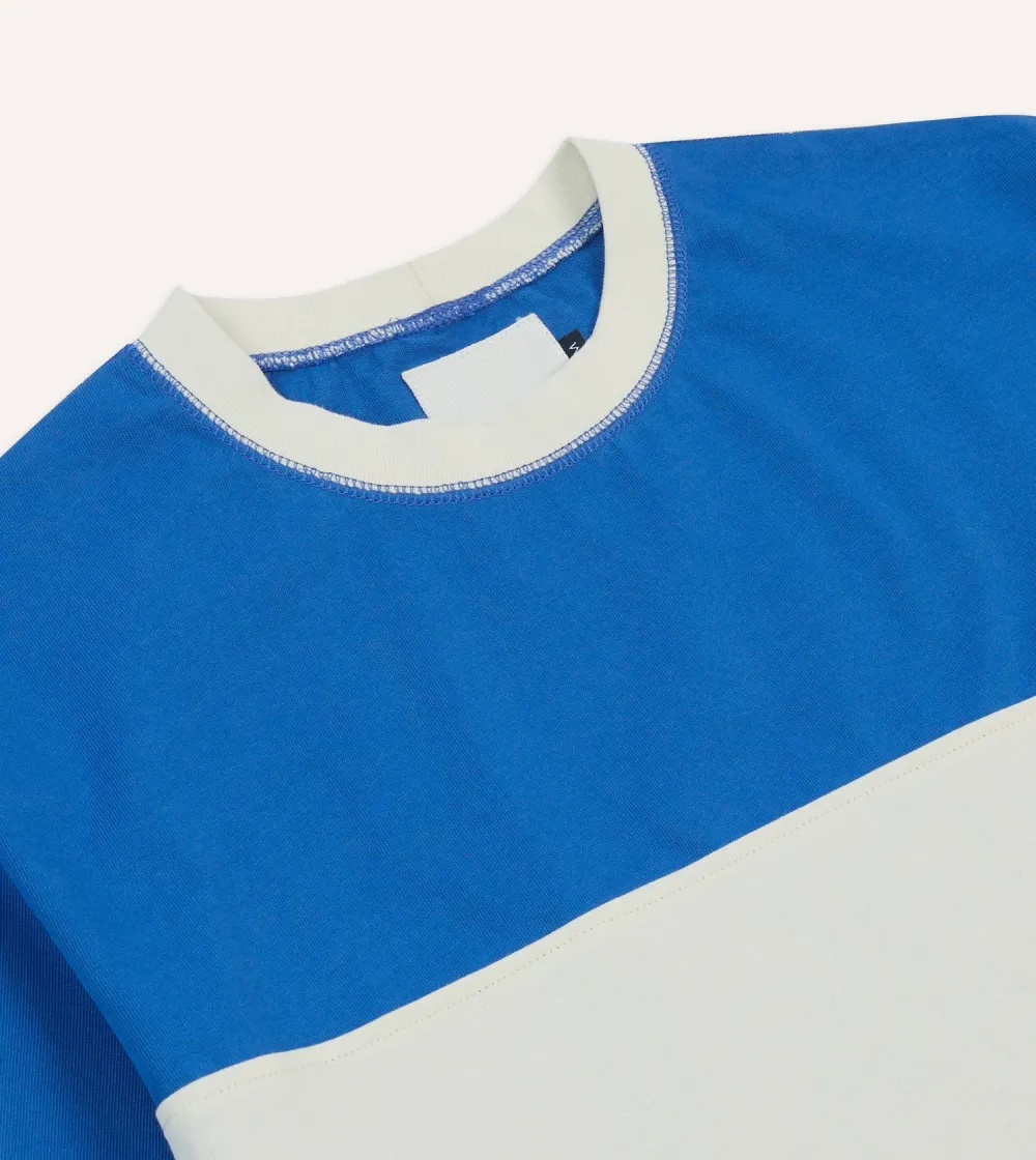 Blue and Ecru Panel Stripe Cotton Crew Neck Hiking T-Shirt Daily