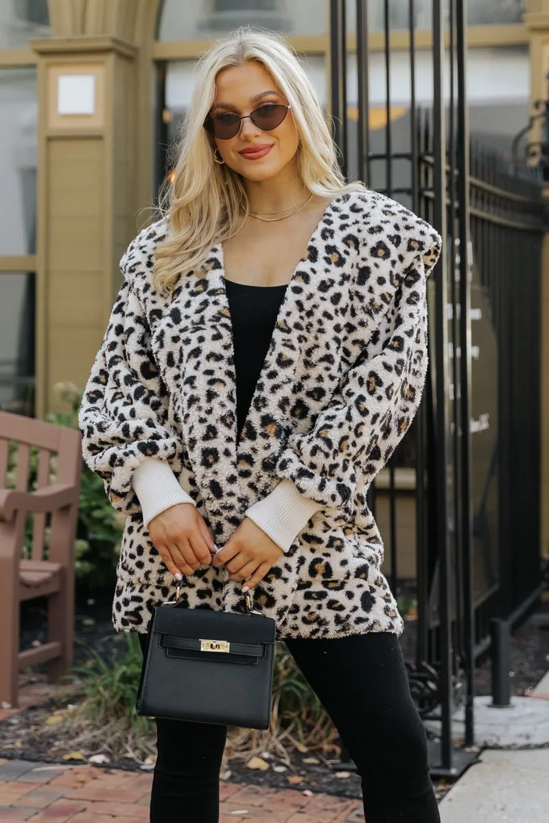 Tan Leopard Print Fur Hooded Jacket