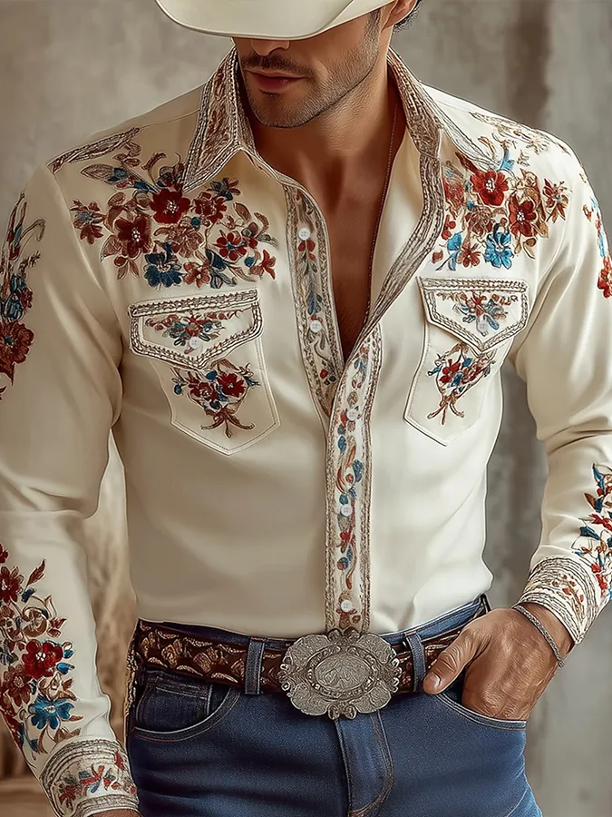 Men's Western Colorful Floral Embroidered Long Sleeve Shirt