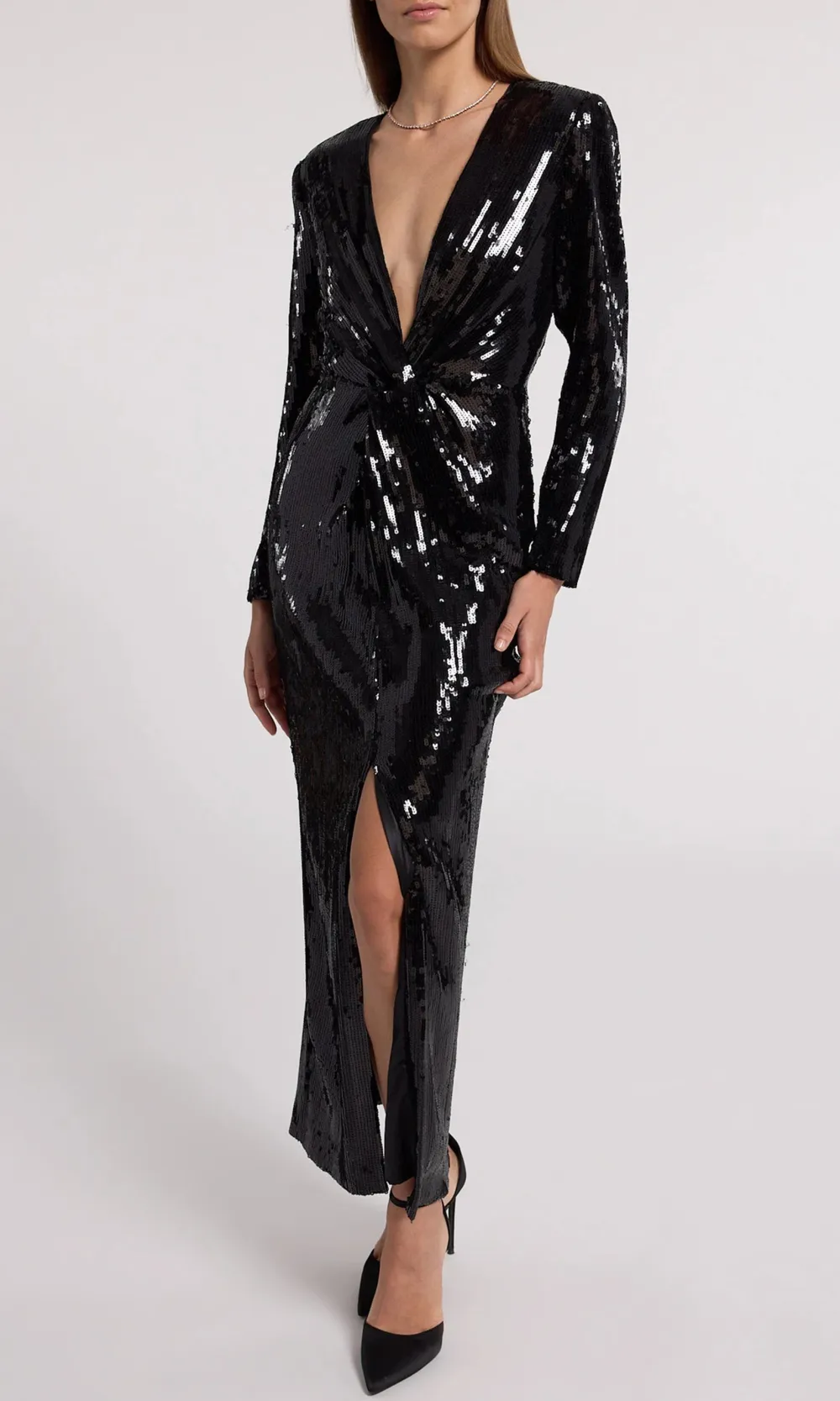 Deep V-neck Black Shiny Banquet Long Dress