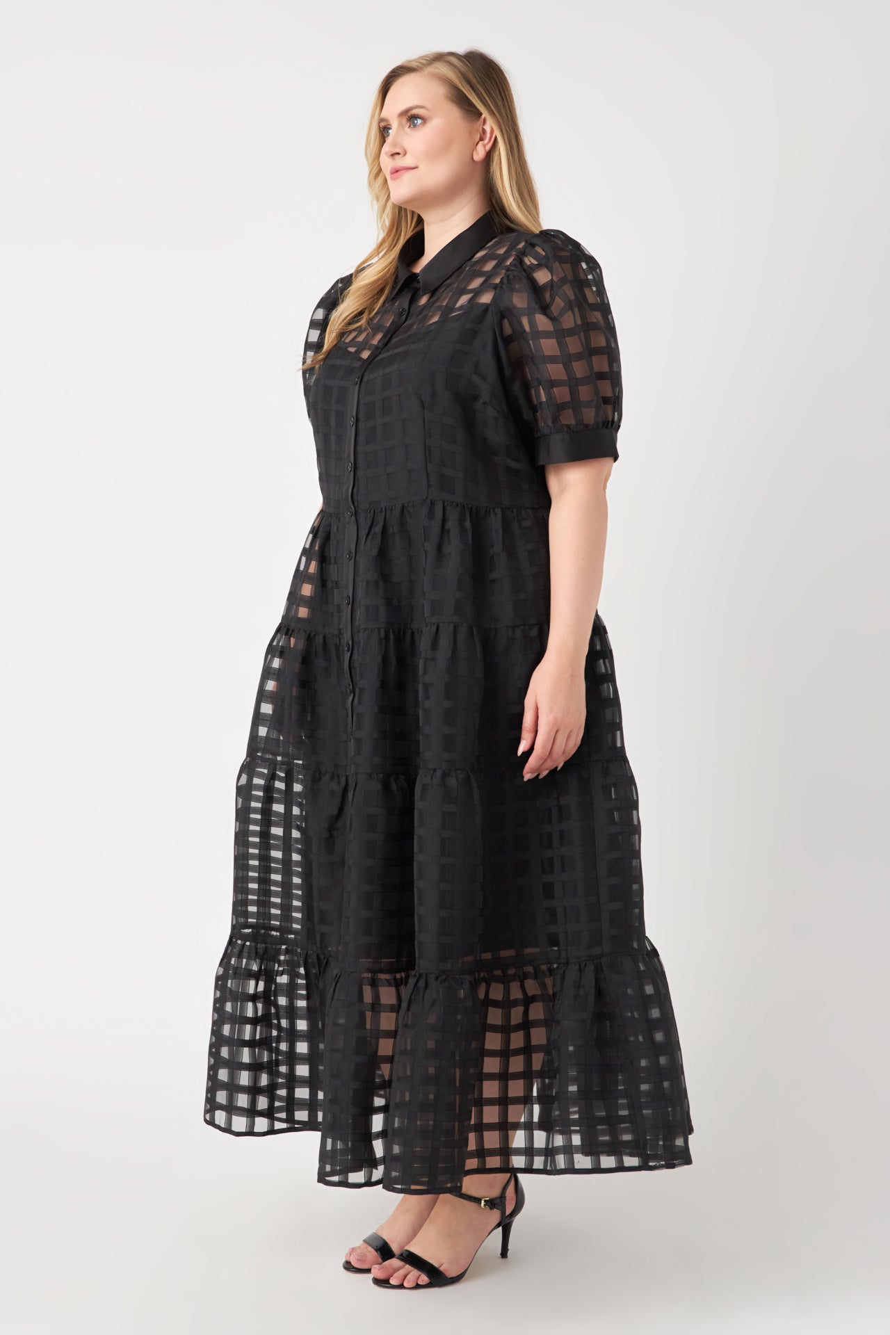 Gridded Organza Tiered Maxi Dress