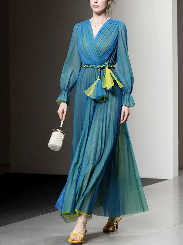 Pleated Lantern V Neck Long Dress