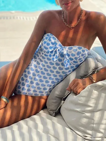 Women’s Soft Heart Print Bowknot One-Piece Swimsuit Set