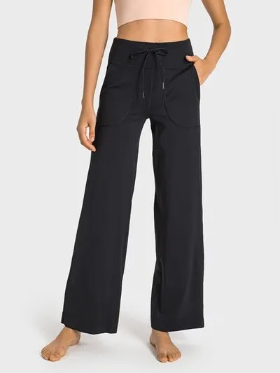 Drawstring Waist Wide Leg Sports Pants With Pocket