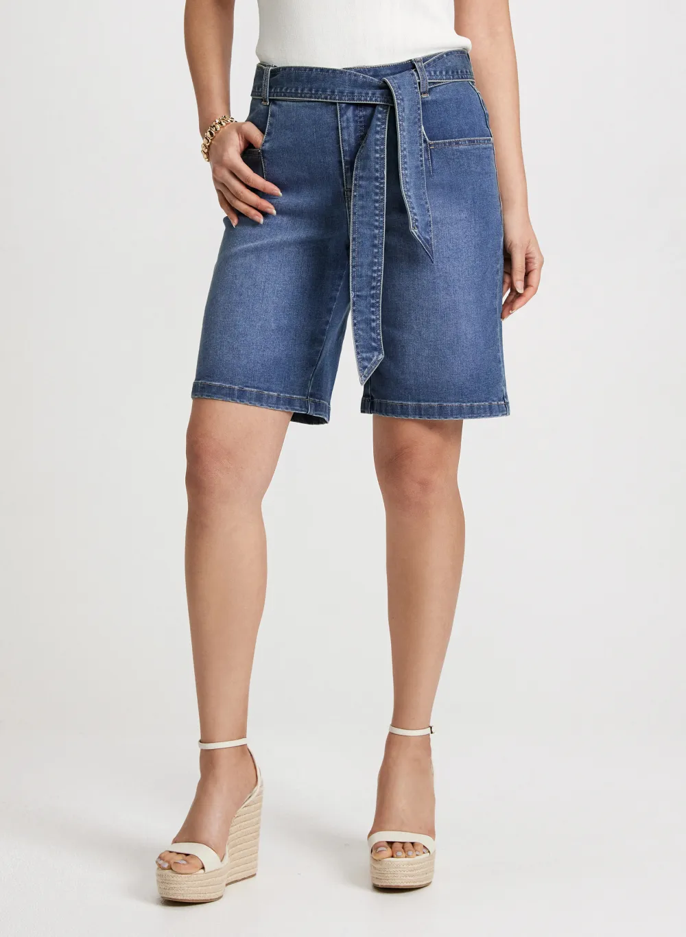 Casual Denim Shorts With Tie-Strap Detail