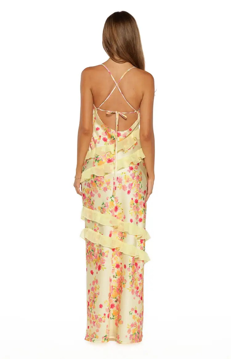 Satin V Neck Ruffle Frills Maxi Dress