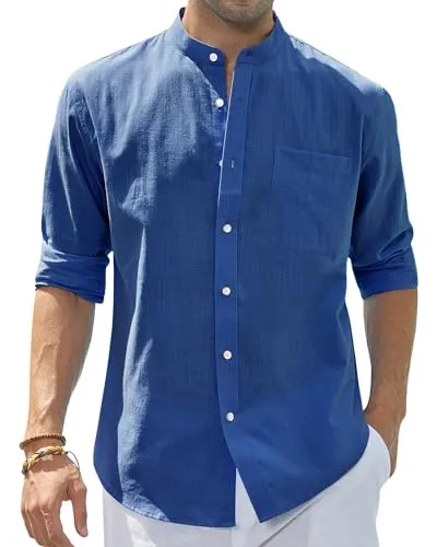 Men's Cotton Linen Long Sleeve Shirts Casual Button Down Banded Collar Shirt Beach Summer Tops with Pocket