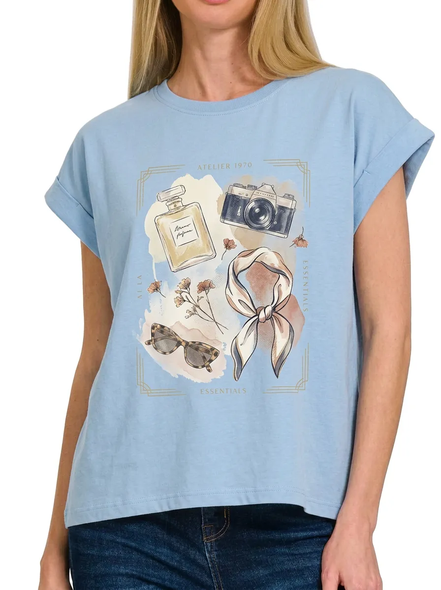 Women's Fashion Lover Camera Perfume Scarf Printed T-shirt