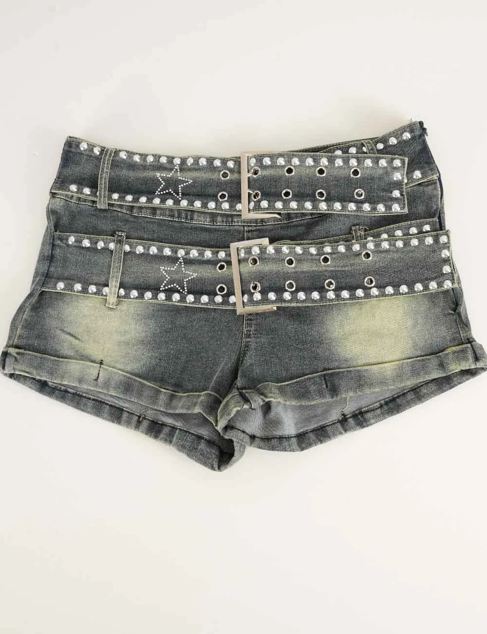 Double Wrap Belt Star Stud Metal Eyelet Denim Mini Shorts