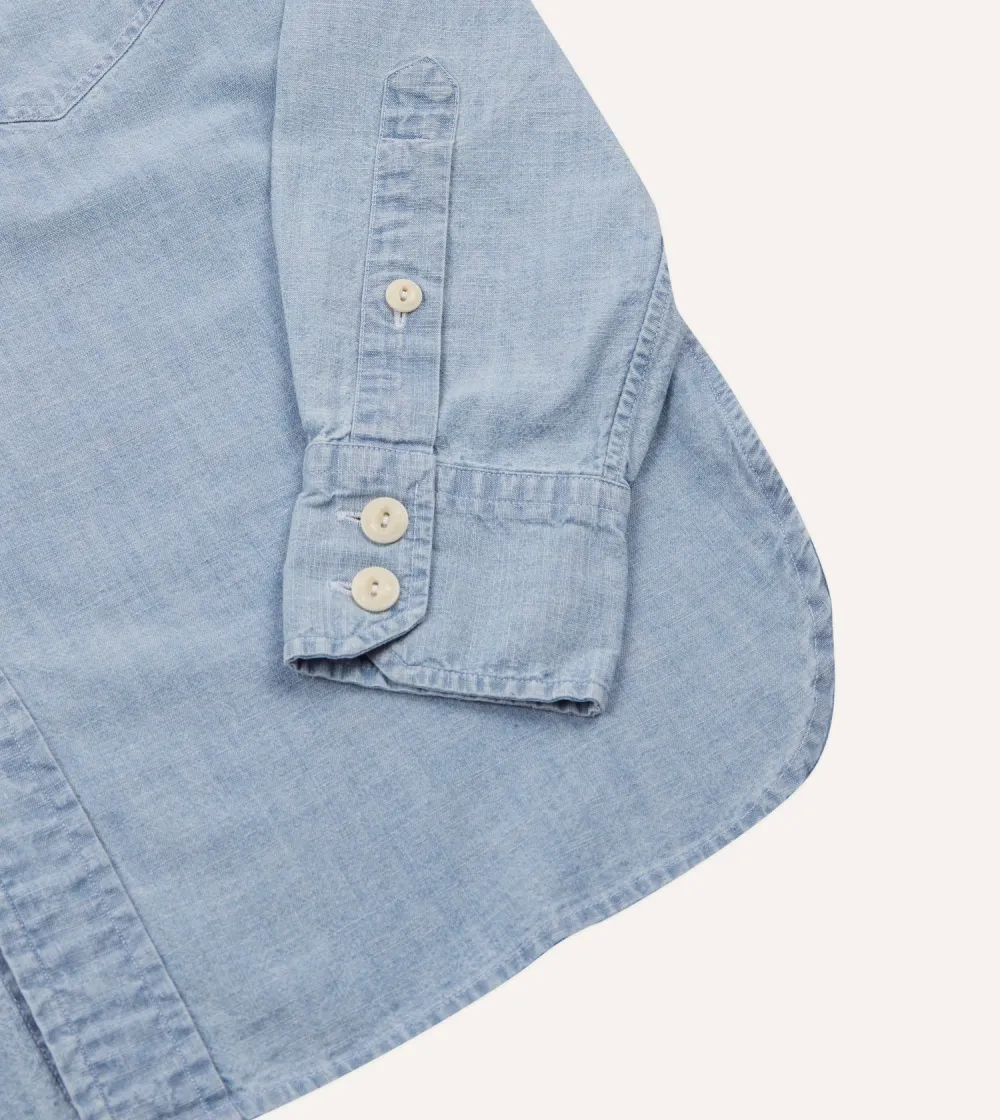 Blue Cotton Chambray Two-Pocket Work Shirt Casual Style