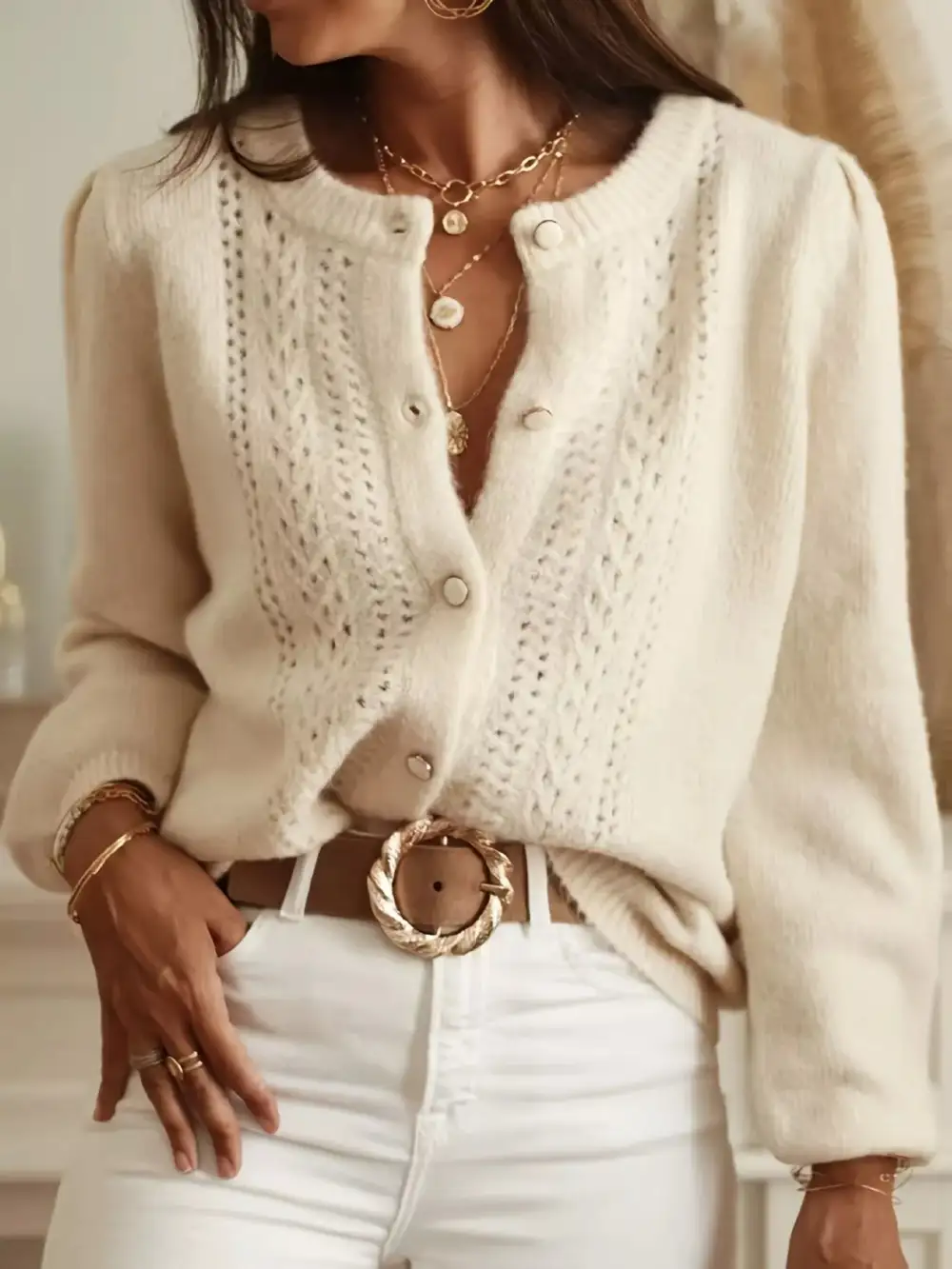 Button Down Eyelet Long Sleeve Cardigan