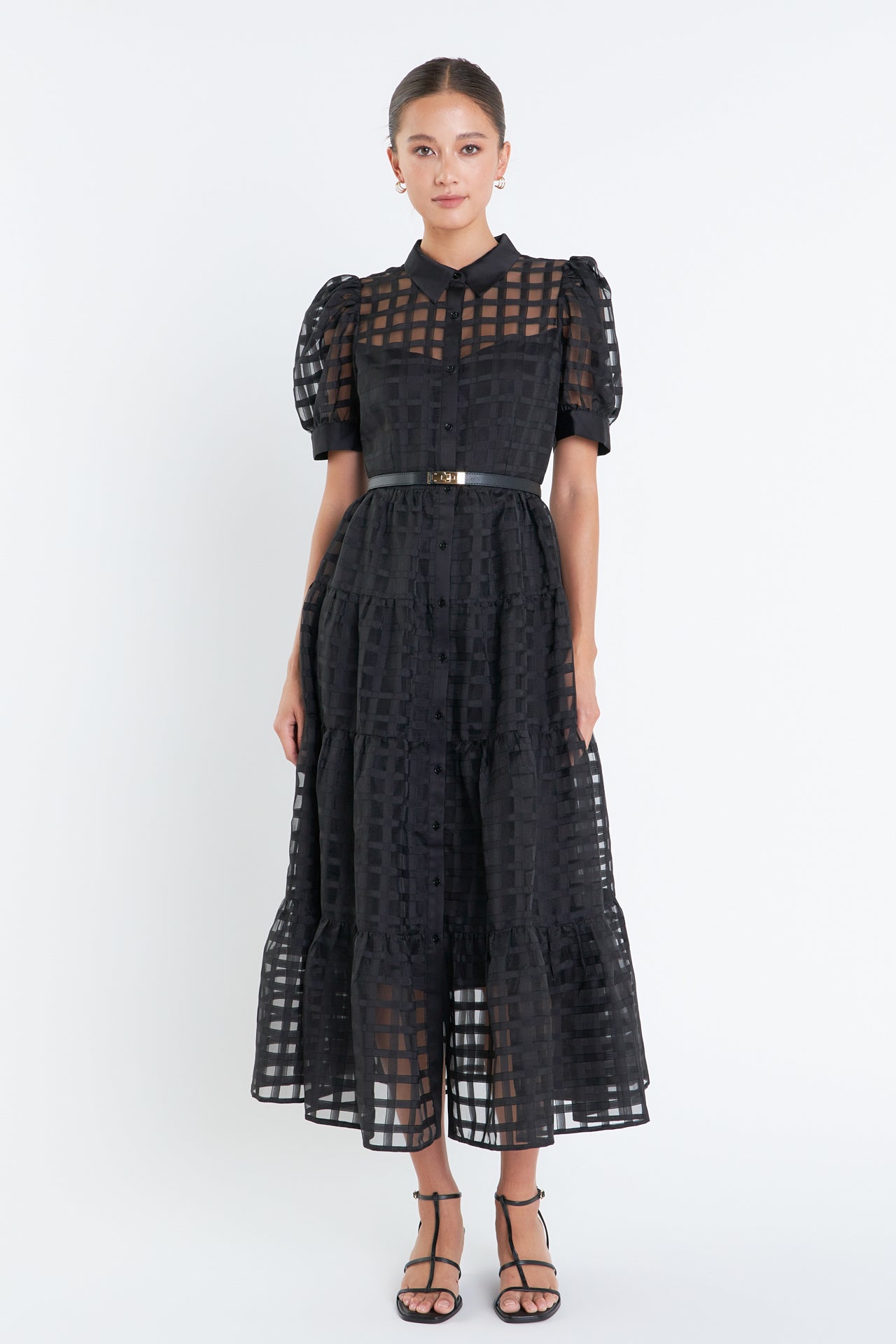 Gridded Organza Tiered Maxi Dress