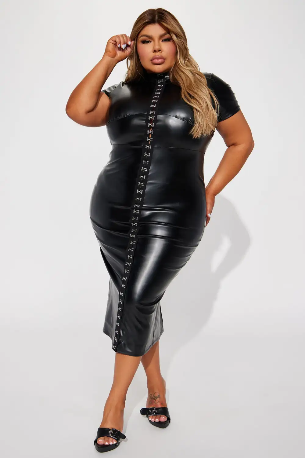 Attitude Faux Leather Midi Dress - Black