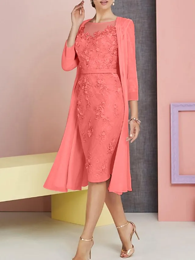 Two Piece Sheath Mother of the Bride Dress Pink Wedding Guest Church Elegant Vintage Plus Size Bateau Neck Knee Length Chiffon Lace 3/4 Length Sleeve Jacket Dresses with Appliques 2024