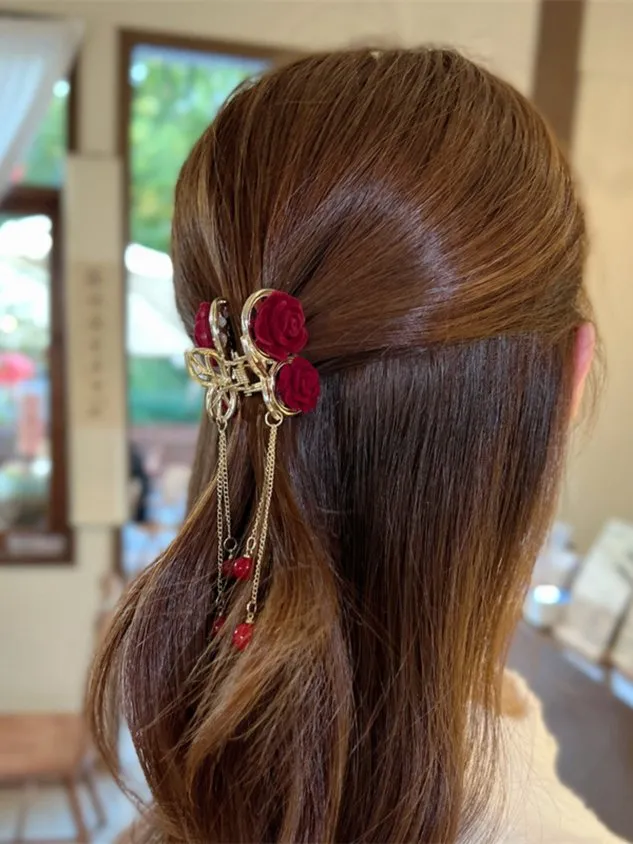 Women's Red Flocked Rose Grab Clips