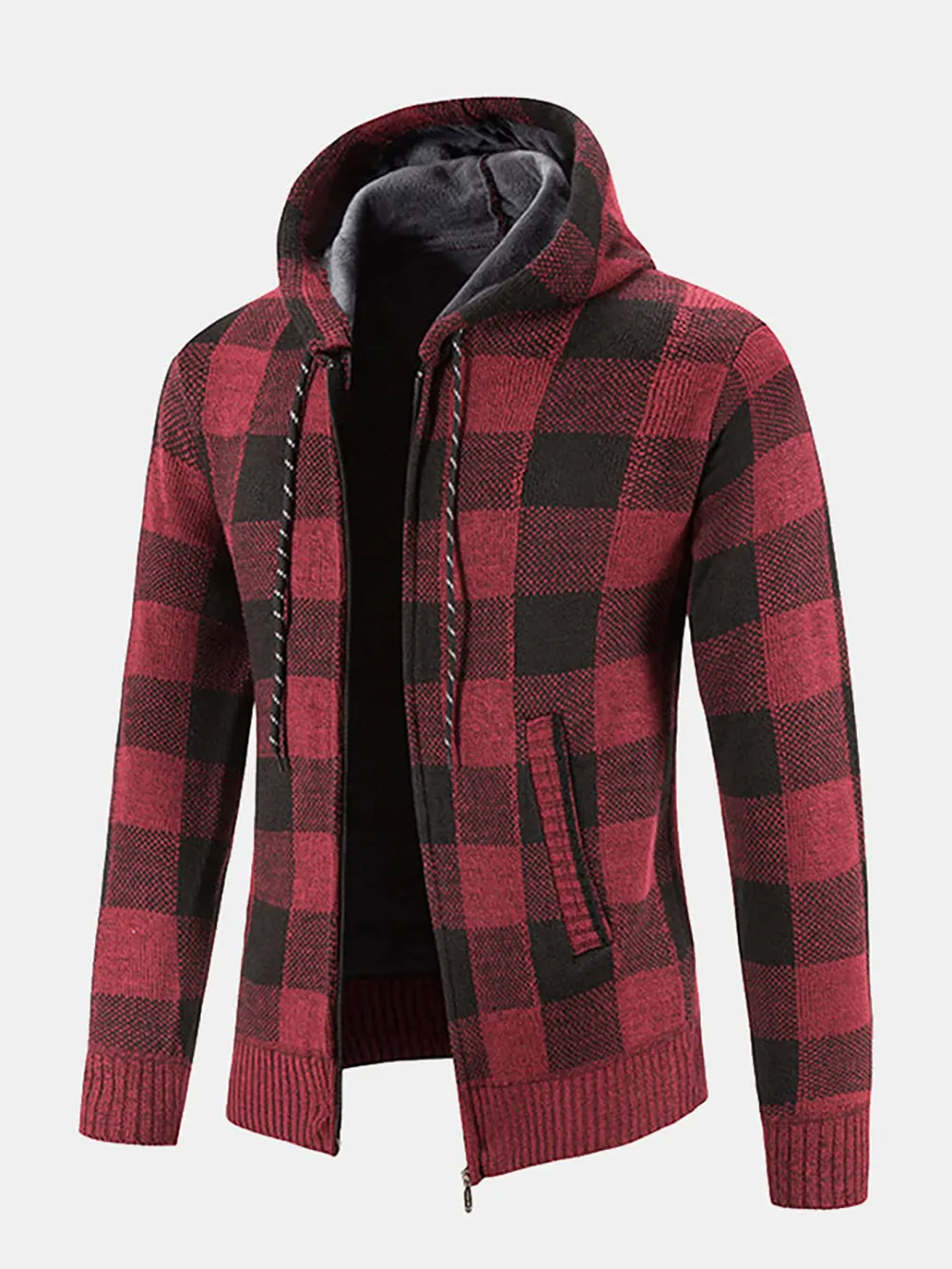 Plaid Zip Up Hooded Cardigan