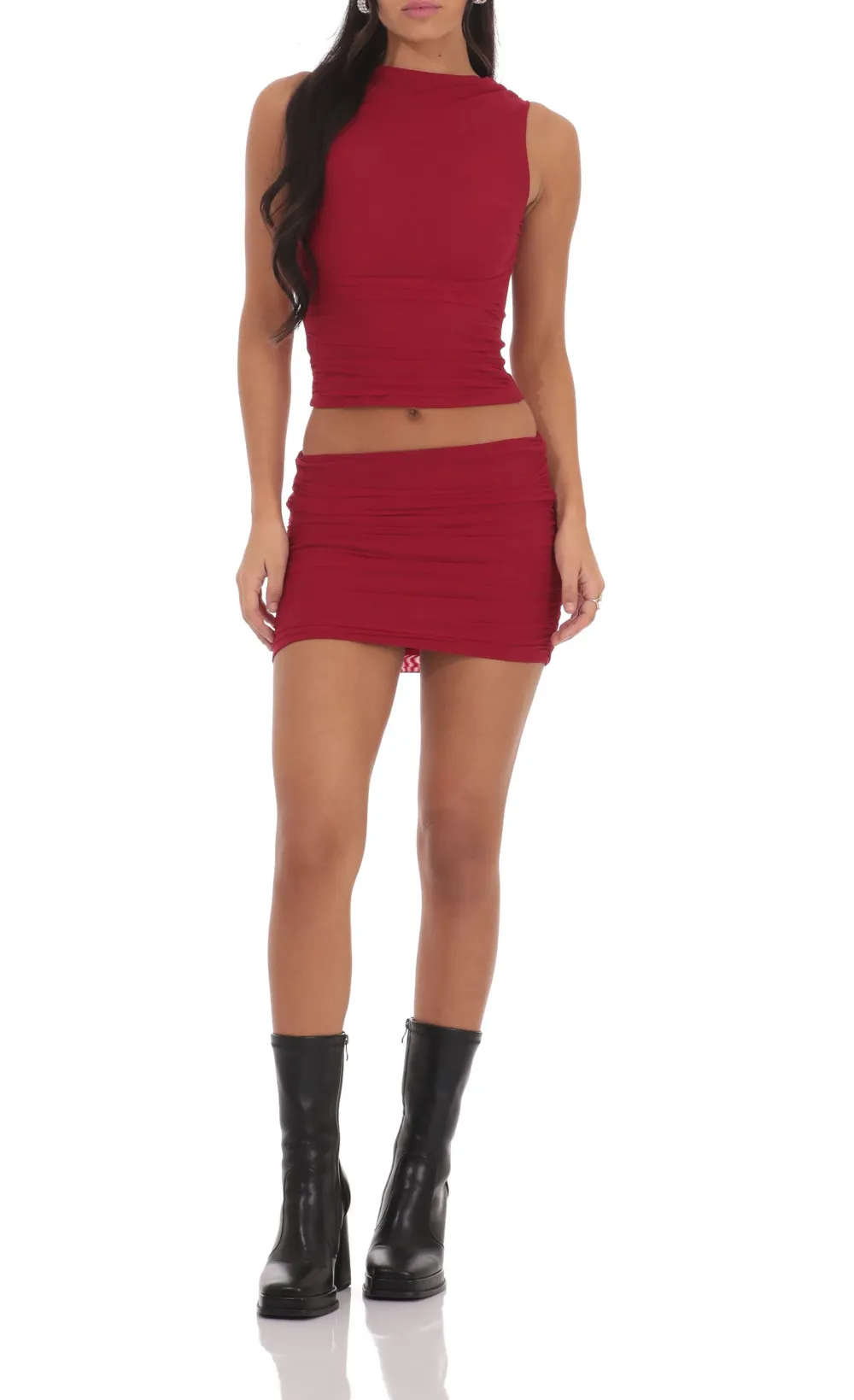 High Neck Mesh Two Piece Set in Red
