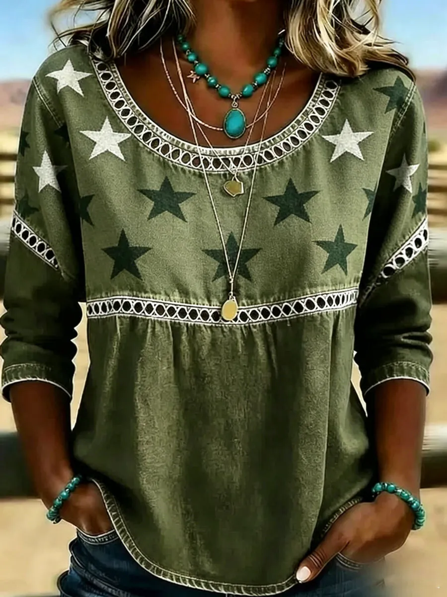 Women's Casual Round-Neck Printed Cotton-Linen Top