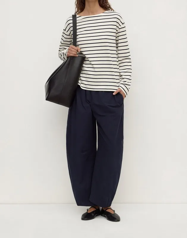 Navy & Antique White Breton Stripe Boat-Neck Long Sleeve Tee