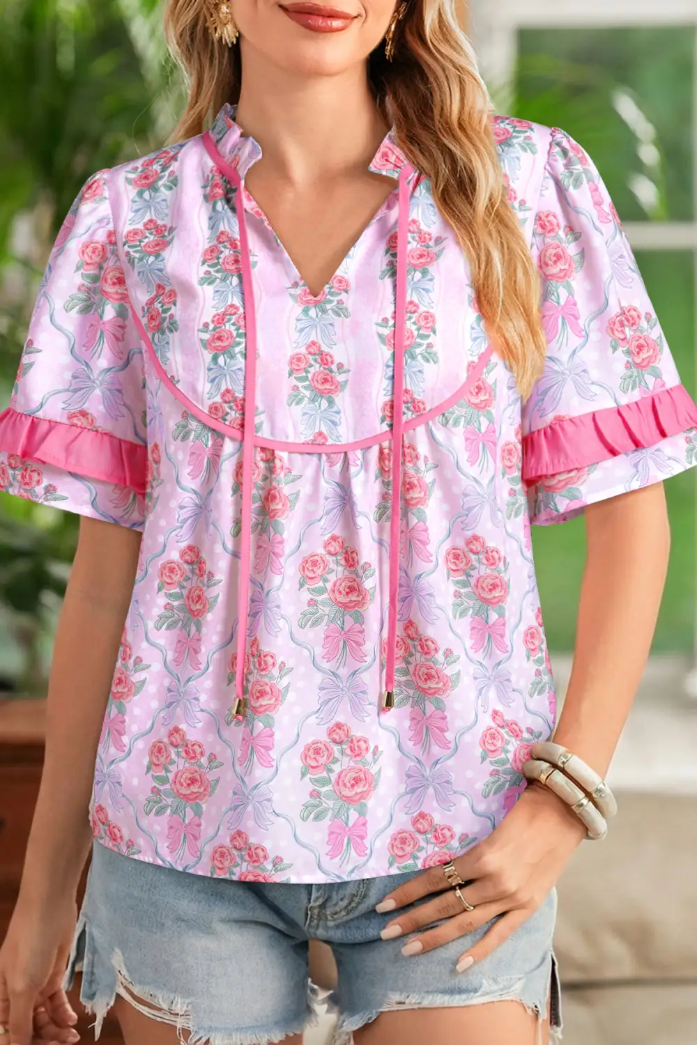 Purple  Floral Bow Printed Contrast Ruffled Short Sleeve Blouse