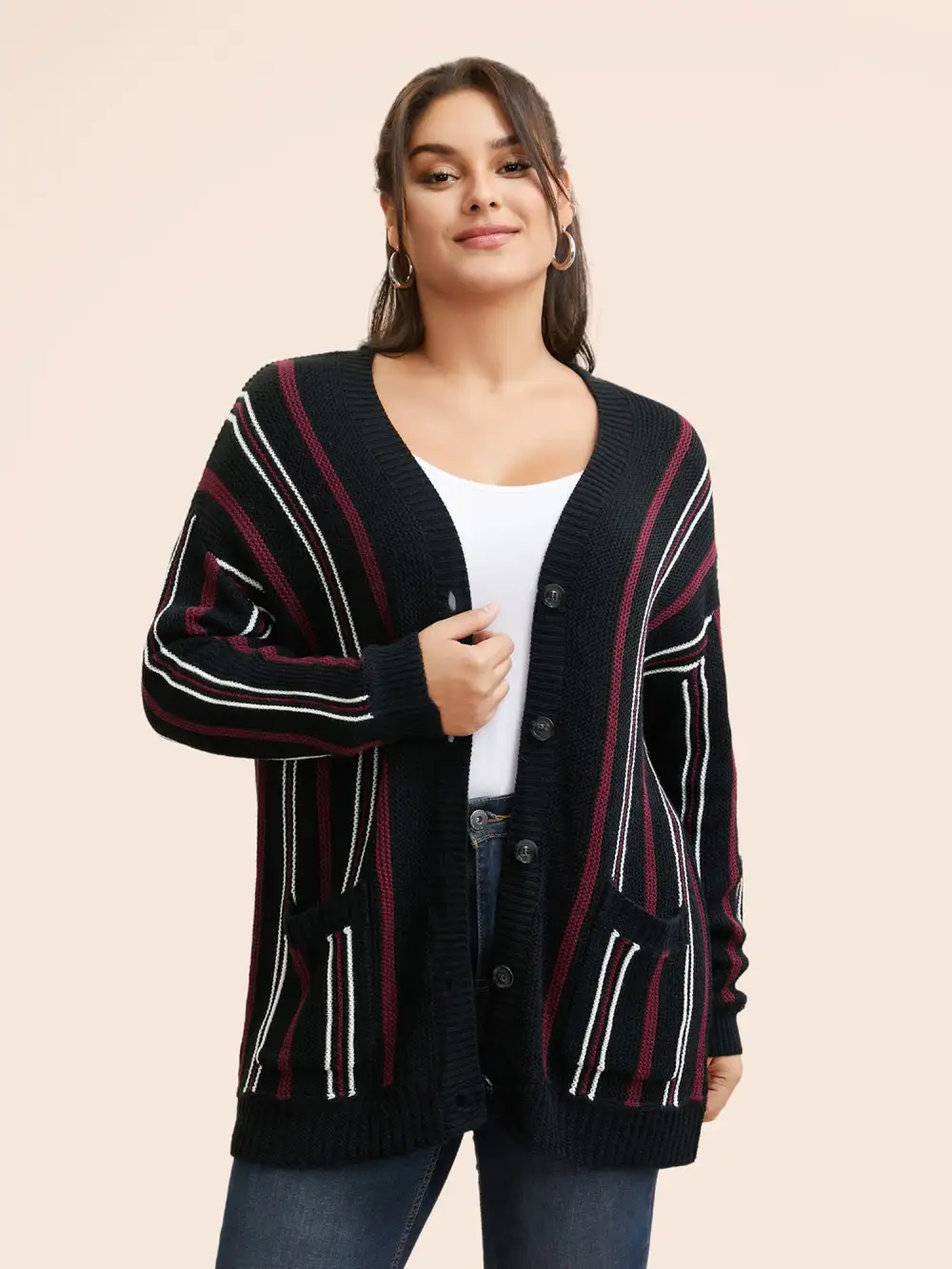 Striped Patched Pocket Drop Shoulder Cardigan