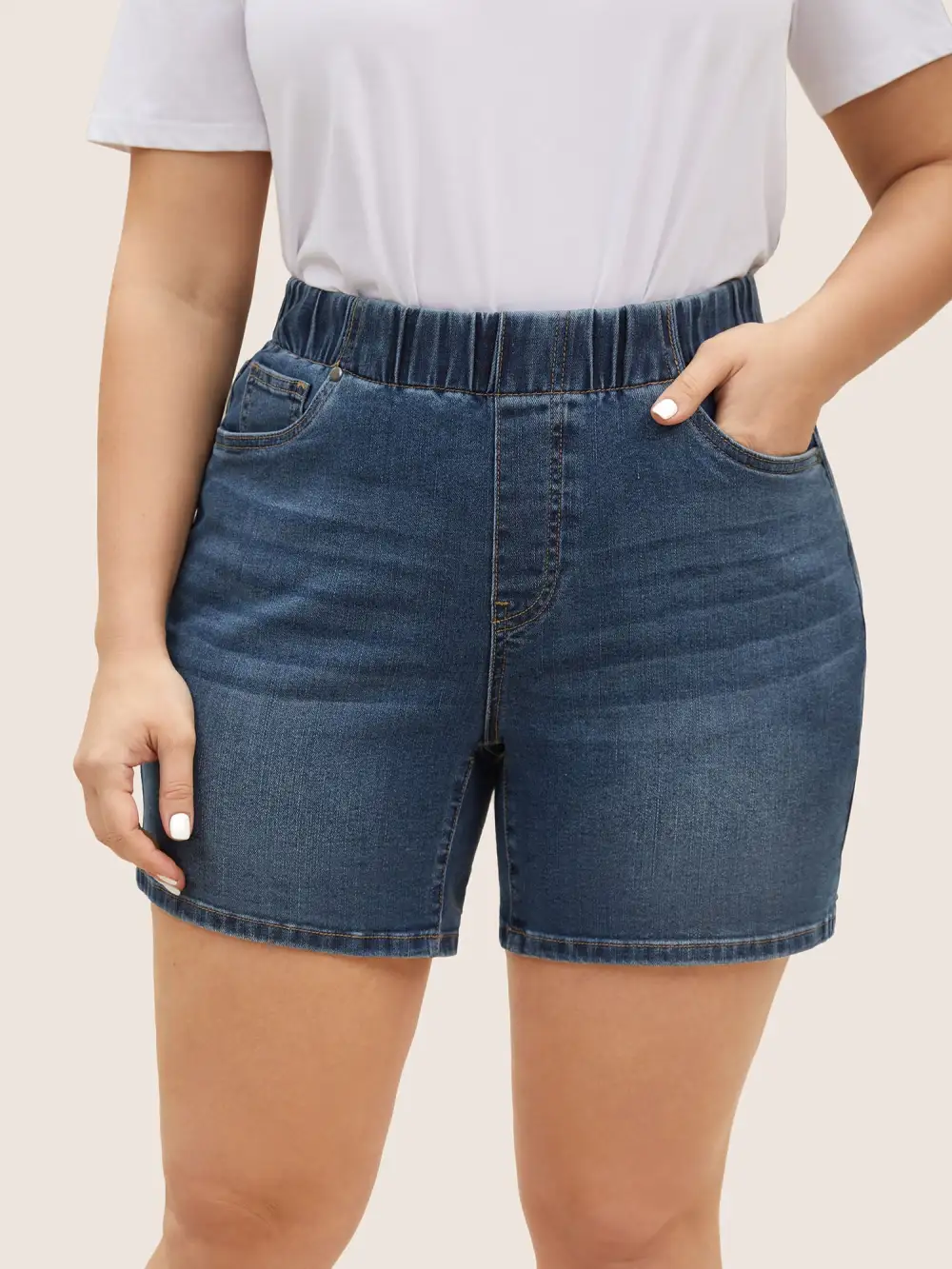 Dark Wash Elastic Waist Roll Hem Denim Shorts