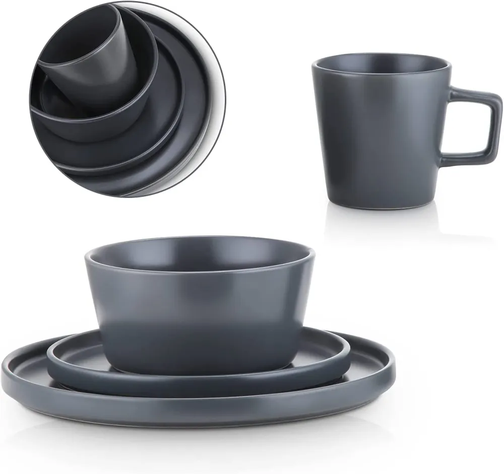 Stone Lain Coupe Dinnerware Set, Service For 8, Black Matte