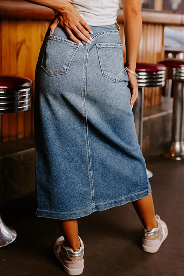 Midi Denim Side Slit Skirt