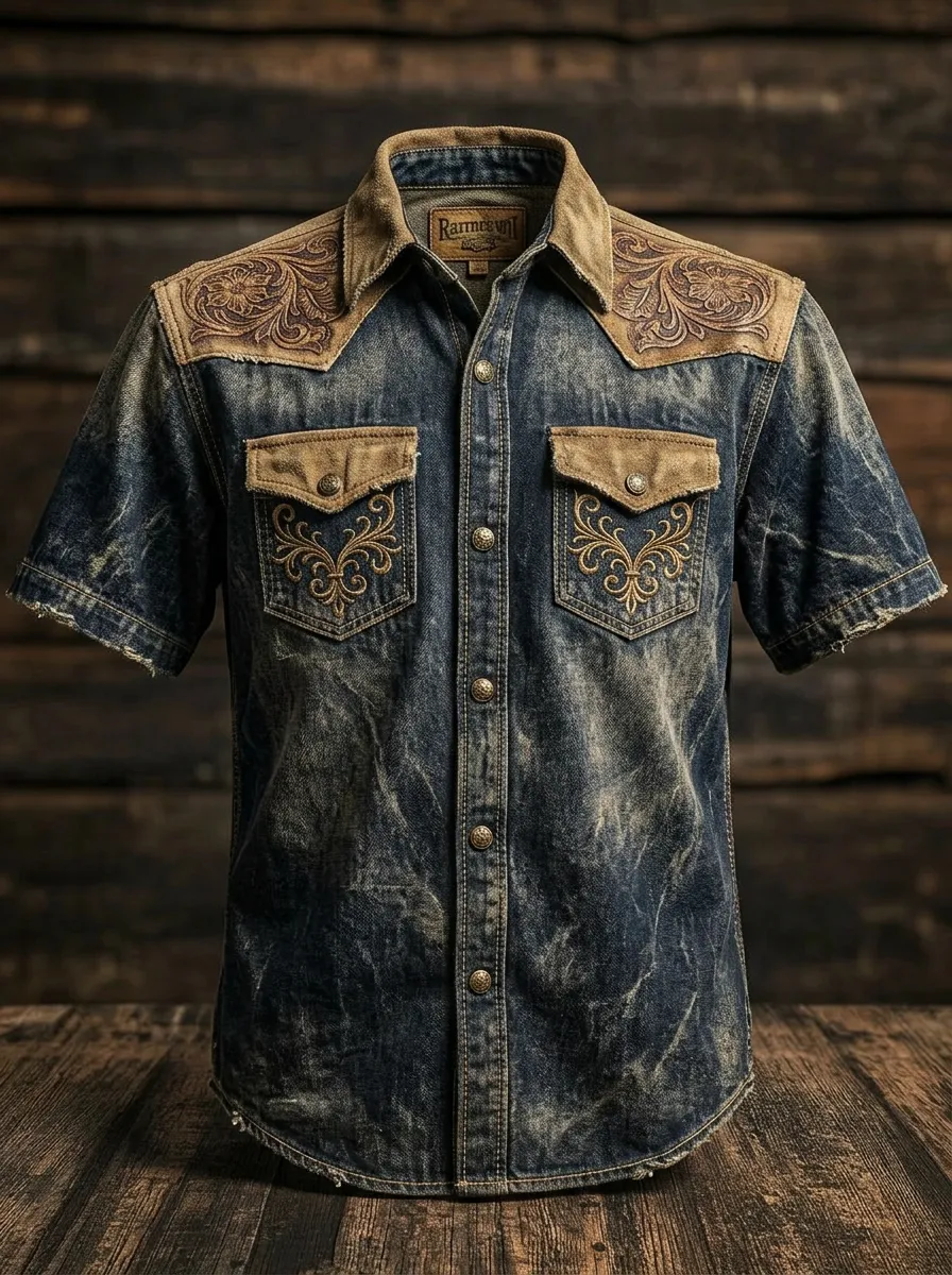 Men's Western Cowboy Floral Tooled Leather Print Denim Shirt-4