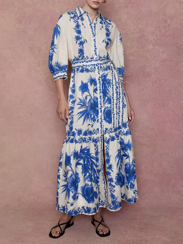 Pleated Floral Printed Shirt Maxi Dress