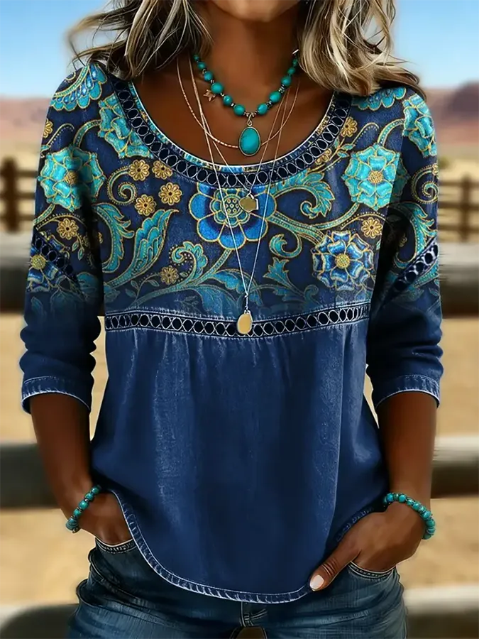 Women's Retro Floral Print Casual Hollow Denim Shirt