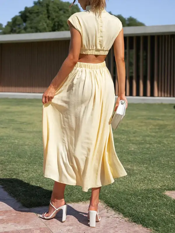 Belly Pleated Sleeve Maxi Dress