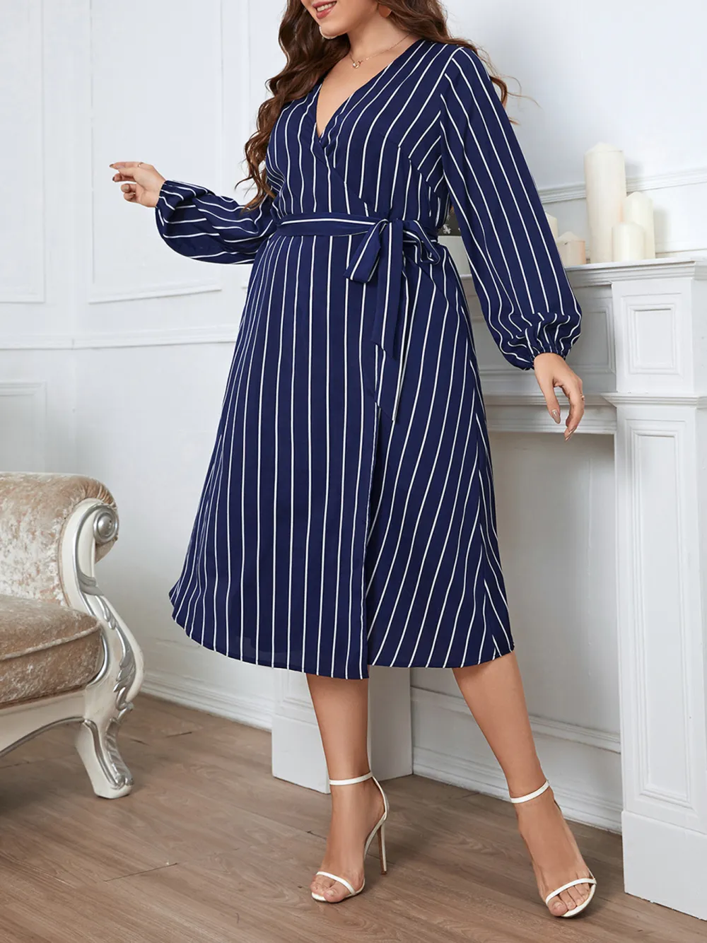 Commuter Stripe Loose V Neck Large Size Belt Women Dress