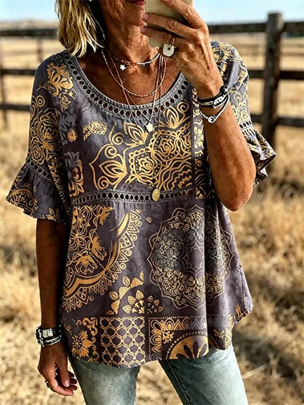 Women's Paisley Print Lace Trim Ruffle Short Sleeve Western Blouse
