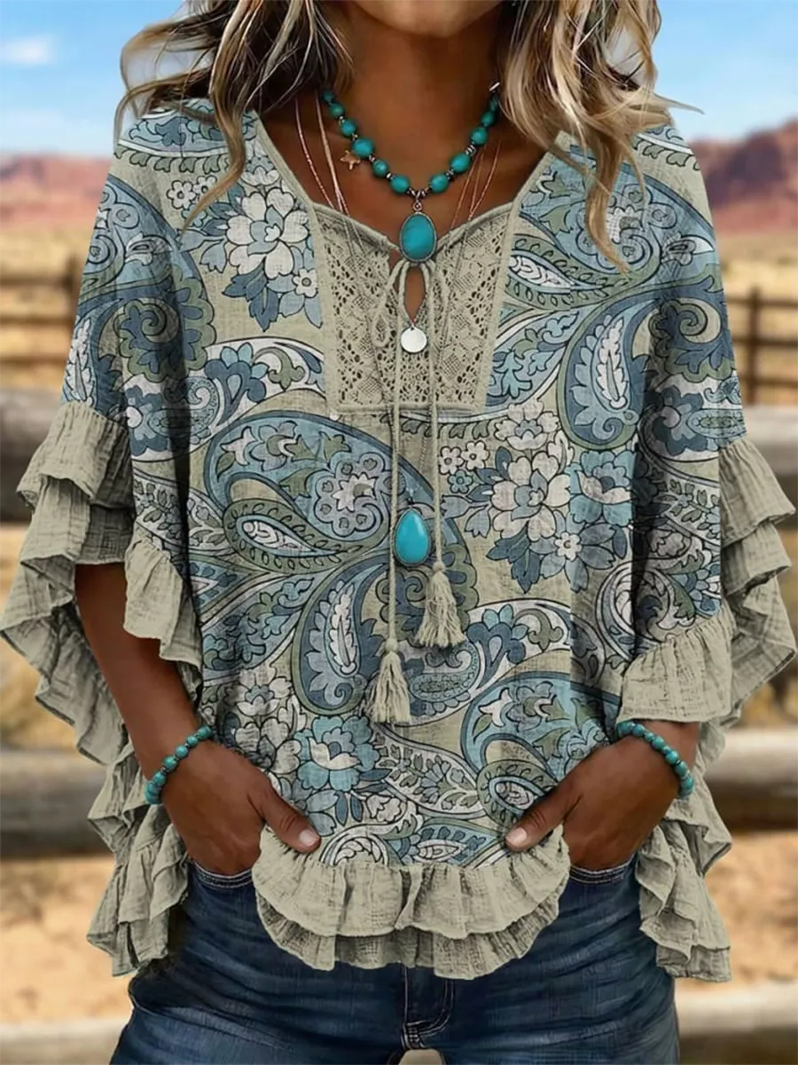 Vintage Art Patchwork Hollow Design Cotton And Linen Shirt