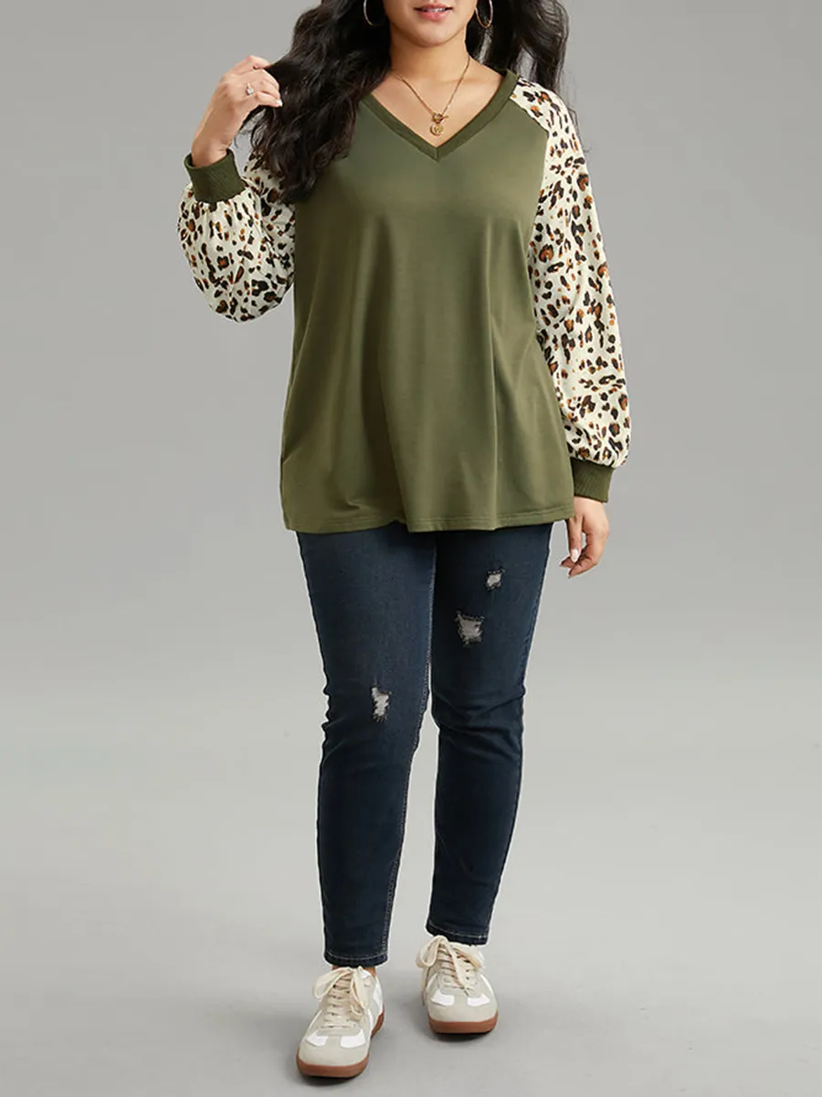 Leopard Print Patchwork T-Shirt With Shoulder Sleeves