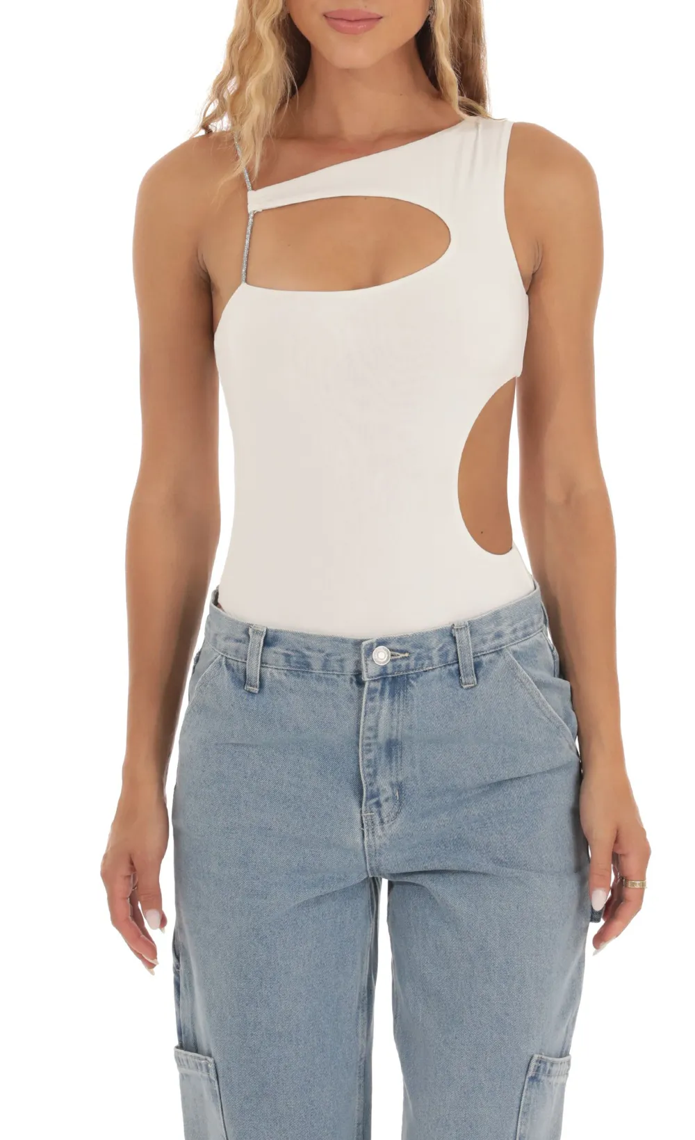 Rhinestone Cutout Bodysuit in White