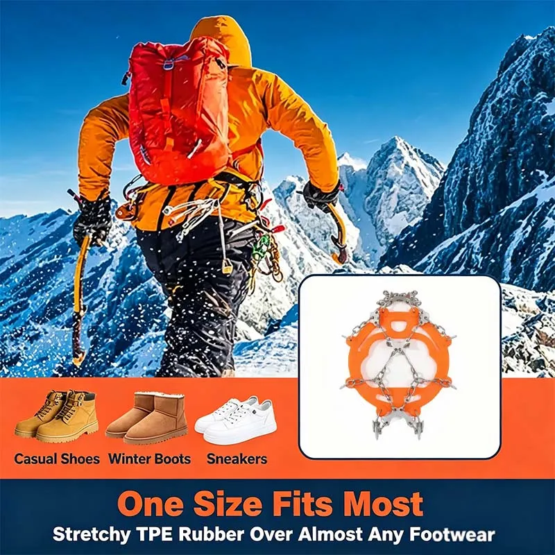 Outdoor 8-Tooth / 10-Tooth Ice Cleats Anti-Slip Shoe Covers, Sole Spike Chain Grips for Men Women, Snow Ice Traction Crampons