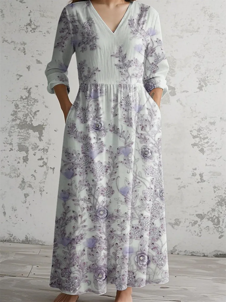 Casual Purple Flower Sequin Print Linen Cotton Maxi Dress
