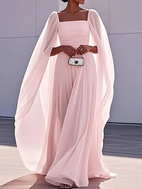 Cape Pleated Neck Maxi Dress