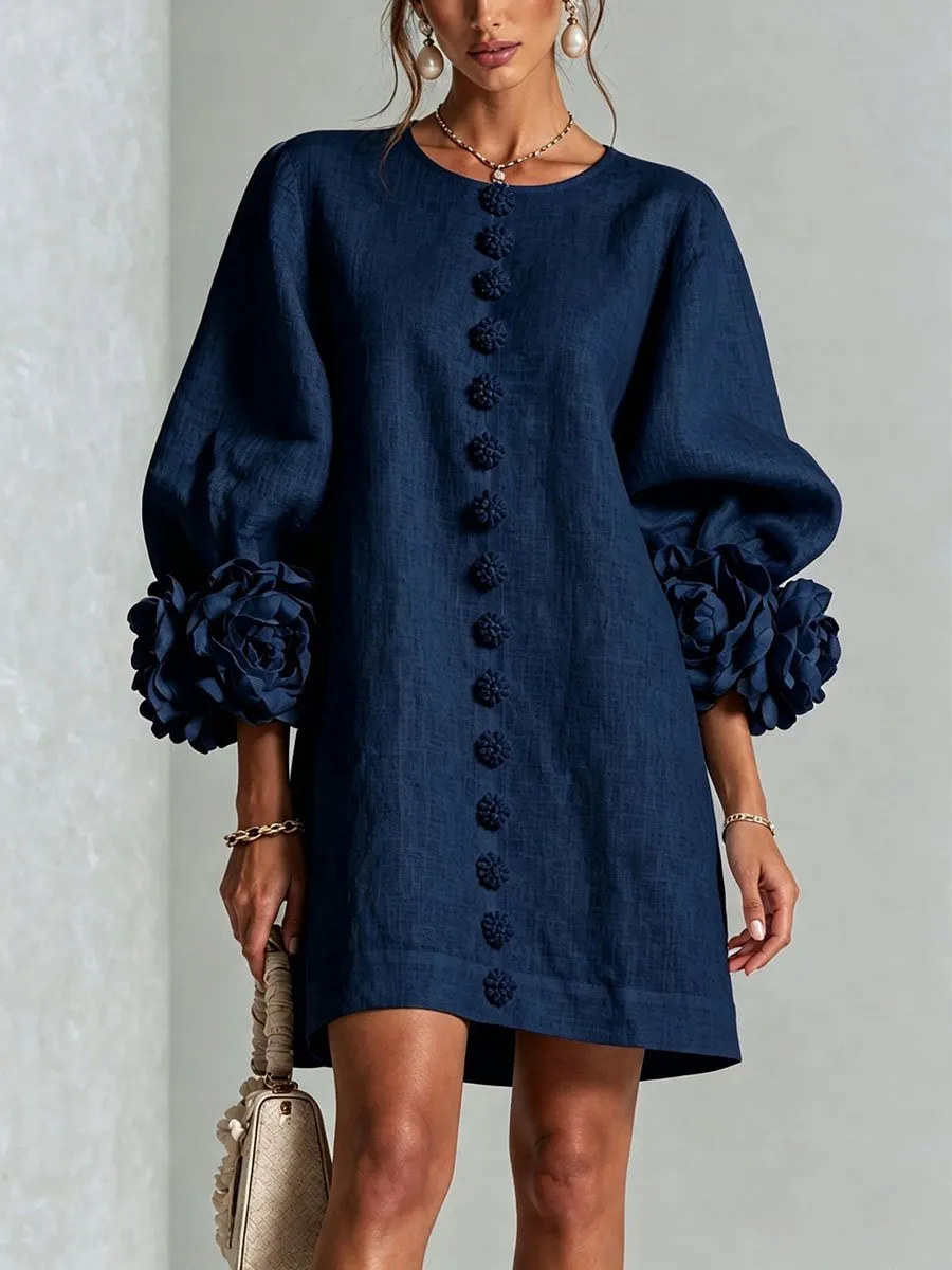 Elegant 3D Floral Button-Front Mini Dress With Striking Floral Cuffs