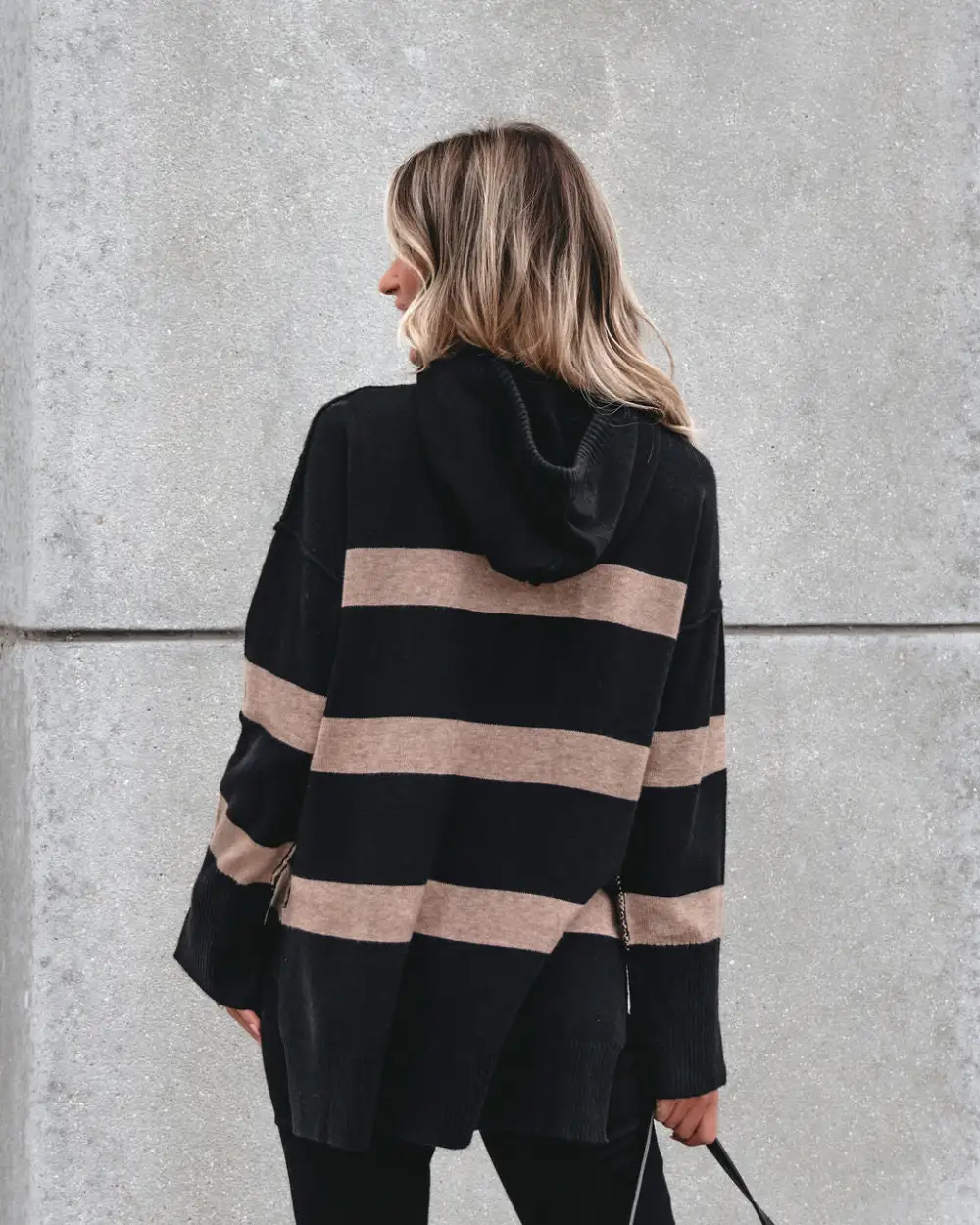 Muse By Magnolia Black and Taupe Striped Hooded Sweater