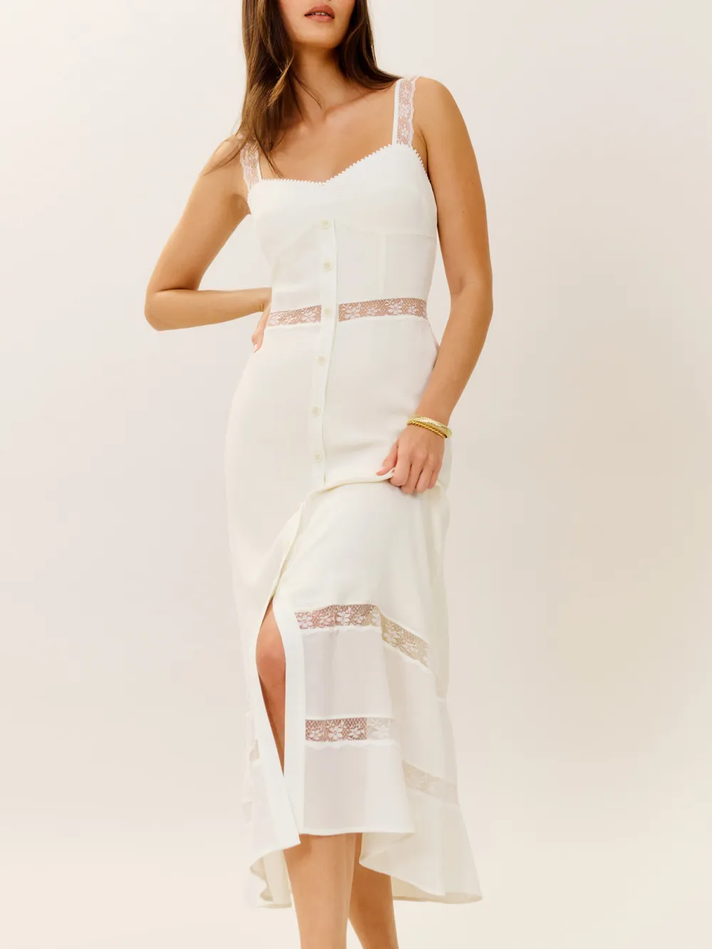 Button Front Lace Insert Sleeveless Midi Dress