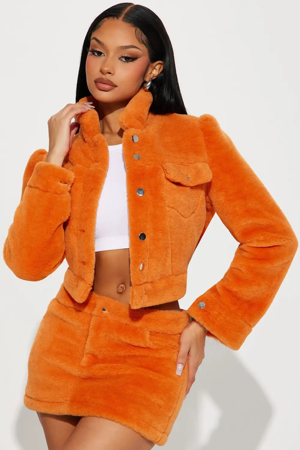 Golden Hour Faux Fur Skirt Set - Orange