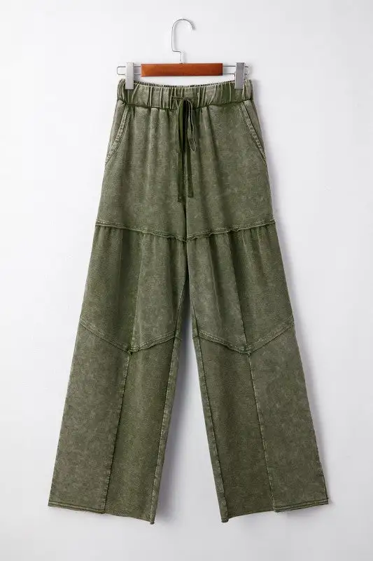 Mineral Wash Patchwork Tiered Wide Leg Pants